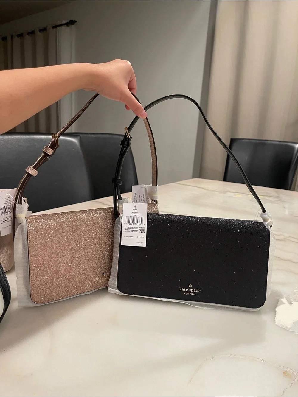 kate spade Black Glitter Shoulder Bag with Gold Logo